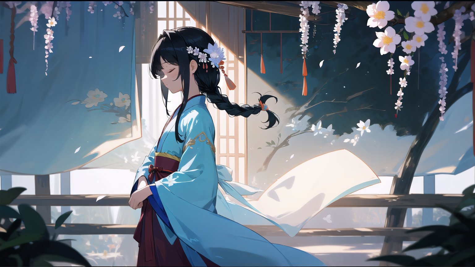 masterpiece, best quality, high quality, extremely detailed CG unity 8k wallpaper, extremely detailed, High Detail, vibrant colors, backlight, photo background, 

(1girl, solo), long hair, black hair, hair ornament, long sleeves, holding, closed mouth, standing, closed eyes, braid, flower, hair flower, wide sleeves, blurry, from side, profile, chinese clothes, realistic, branch, hanfu,

A woman in traditional Chinese clothing, wearing a light blue flowing robe, with her hair elegantly styled and adorned with delicate hair accessories, The background is filled with blooming white flowers, creating a romantic and classical atmosphere, The overall scene is ethereal and dreamy,