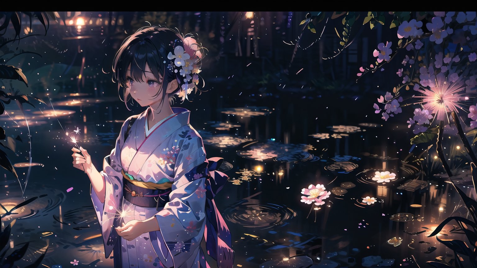 masterpiece, best quality, high quality, extremely detailed CG unity 8k wallpaper, extremely detailed, High Detail, vibrant colors, backlight, photo background, dreamy atmosphere, serene, peaceful, pastel colors,

1girl, solo, short hair, black hair, hair ornament, flower, japanese clothes, hair flower, kimono, blurry, lips, sash, looking up, yukata, fireworks, sparkler,

A woman wearing a traditional light purple kimono, holding a sparkler at night, She has pink and white flowers in her hair, The background features a water surface with colorful, blurred lights, creating a dreamy atmosphere,