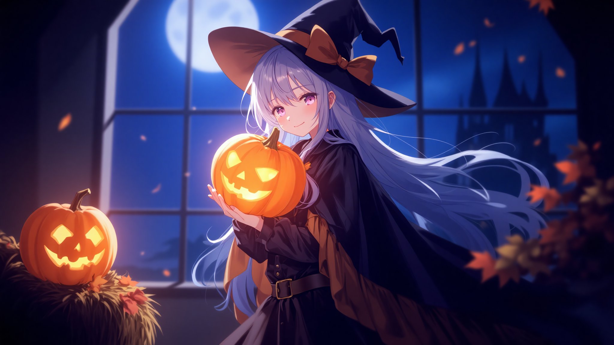 Mystical Moonlight Encounter: A young anime girl, dressed in a black cape and witch hat, holds a pumpkin with an intense gaze. Standing before a large window framing a moonlit night sky, her focus is riveted on the pumpkin. To her left, a vibrant yellow pumpkin sits atop a straw bale amidst autumn leaves, adding a burst of warmth to the enchanting scene.