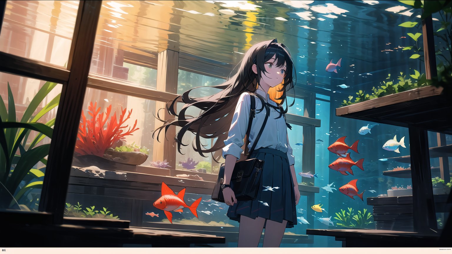 masterpiece, best quality, high quality, extremely detailed CG unity 8k wallpaper, extremely detailed, High Detail, vibrant colors, backlight, photo background, 

(1girl, solo), long hair, skirt, shirt, black hair, bag, looking up, watch, wristwatch, aquarium,

A girl standing in front of a large aquarium, gazing thoughtfully at the blue underwater scene, soft lighting, calm and serene atmosphere, long hair, casual outfit