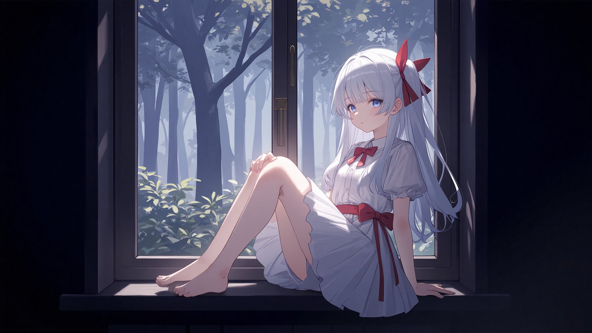 The image is an illustration of a young girl with white hair and blue eyes. She is sitting on a window sill with her legs crossed and her hands resting on her knees. The girl is wearing a white dress with a red ribbon tied around her waist. She has a red bow in her hair and is looking out the window with a peaceful expression on her face. The background is dark and there are trees visible through the window. The overall mood of the image is calm and serene.