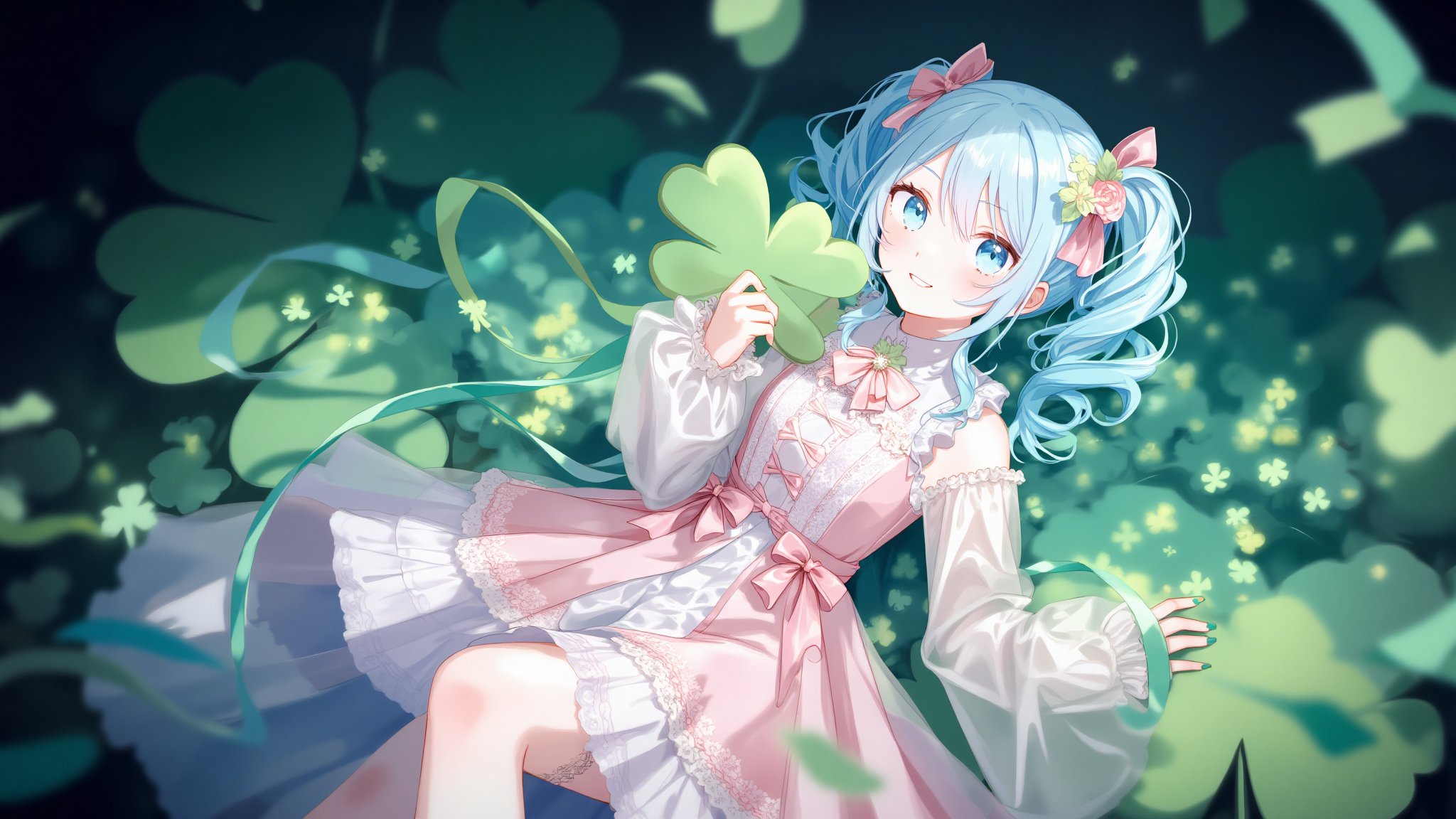 Beautiful anime-style girl in a pastel pink and white Lolita dress with lace and ribbon details, long curly light blue hair with pink bows, adorned with pink flowers, holding a large green prop. She is posed in front of a large green Lucky clover decoration, resembling a heart-shaped green leaf, with a green ribbon adding a pop of color. The background is dark, creating a stark contrast to her outfit. Elegant and whimsical atmosphere, detailed and intricate design, with vibrant colors and soft shading typical of anime art.