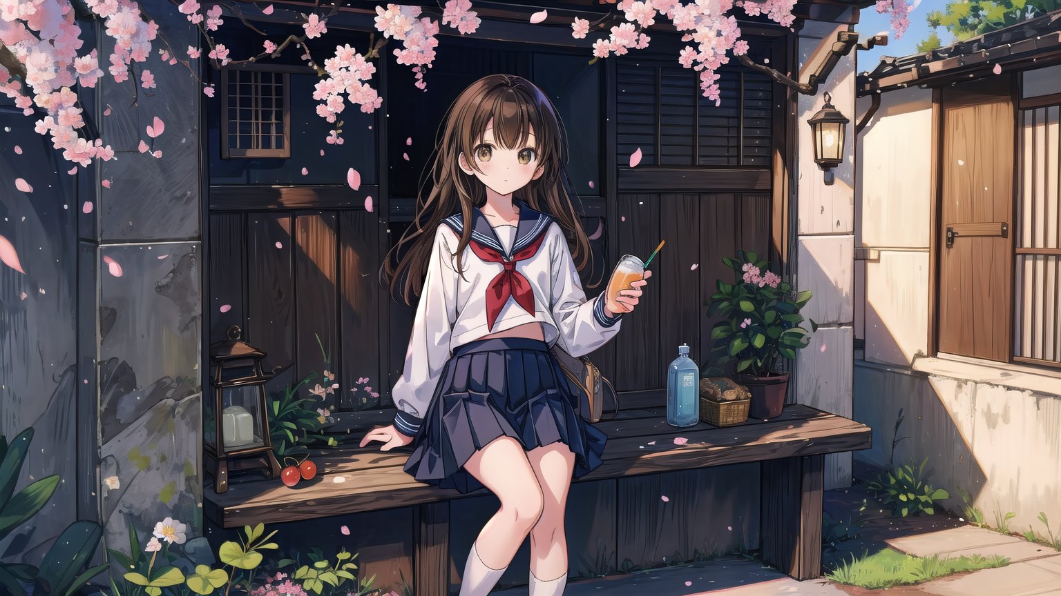 masterpiece, best quality, high quality, extremely detailed CG unity 8k wallpaper, extremely detailed, High Detail, anime style, colors, backlight, bright, vibrant,

(1girl, solo), long hair, looking at viewer, bangs, skirt, brown hair, shirt, black hair, long sleeves, holding, brown eyes, sitting, school uniform, white shirt, pleated skirt, outdoors, food, serafuku, black skirt, sailor collar, feet out of frame, holding food, stairs, juice, sitting on stairs,

A young girl in a Japanese sailor school uniform, sitting on outdoor stone stairs, drinking a juice pouch, sunny day, natural and cute expression, gentle sunlight, cherry blossom petals falling, warm and serene atmosphere