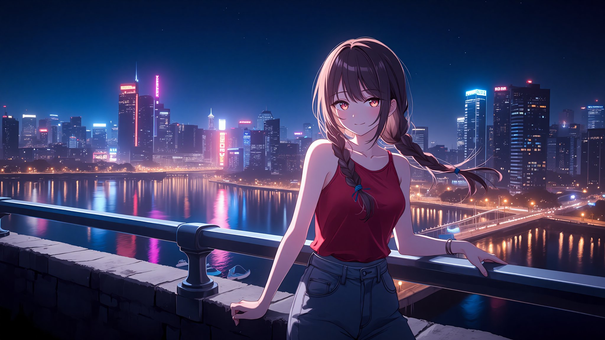 Vibrant city nightscape unfolds as a young girl with long braided brown hair confidently stands prominently on a concrete...