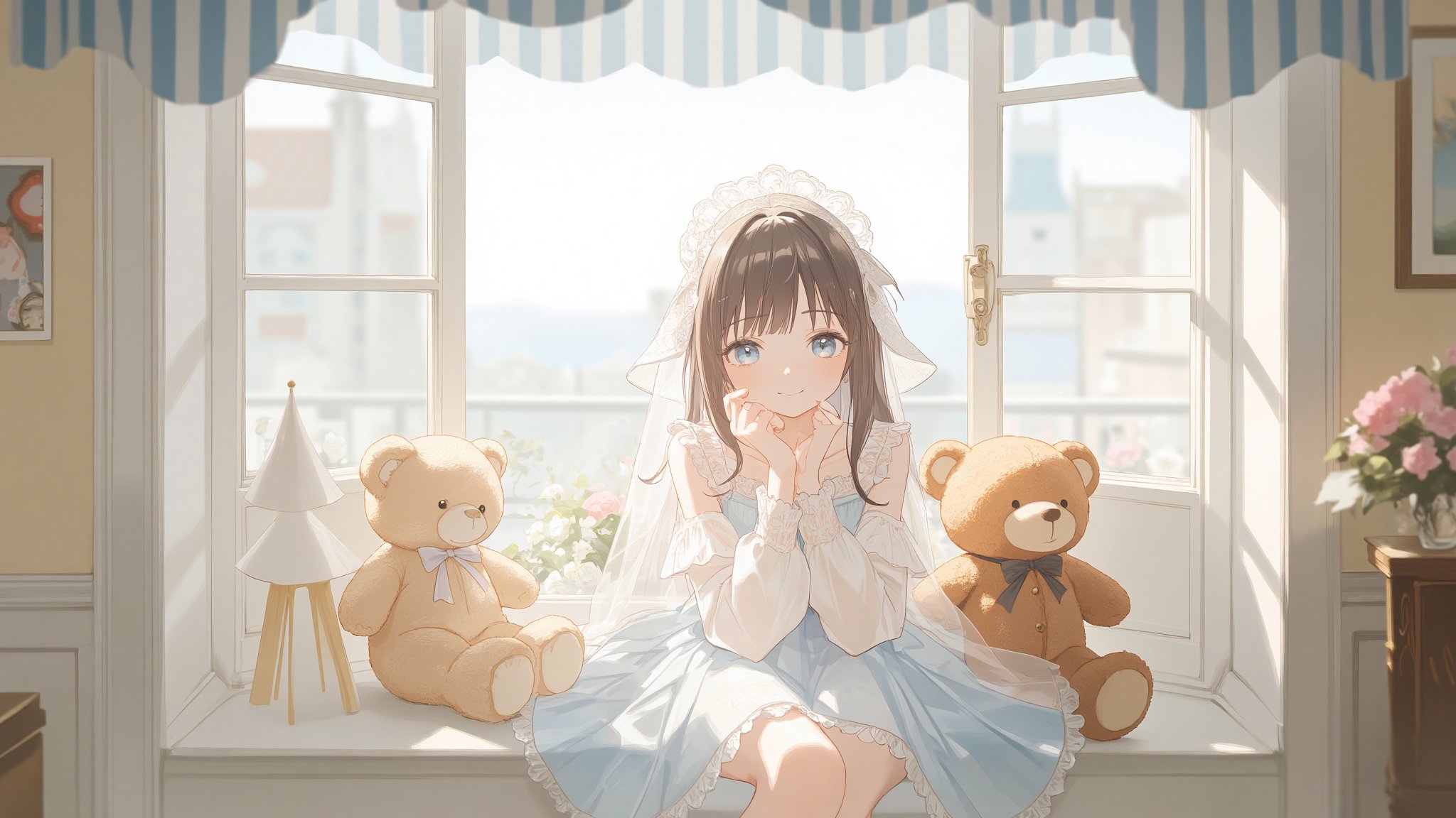 A girl in a light blue lace dress sitting by a windowsill with two plush toys, dressed in a white dress with a veil on her head, is seated on a white window sill. She is smiling, her left hand resting on her chin, adding a touch of warmth to the scene. The teddy bear on the left is a light brown color, while the teddy on the right is a darker shade of brown. The woman's hair is dark brown, and her eyes are a piercing blue. The wall behind her is a creamy white, and the window is adorned with a blue and white striped awning. soft lighting, warm and cozy atmosphere, blurred outdoor scene through the window.