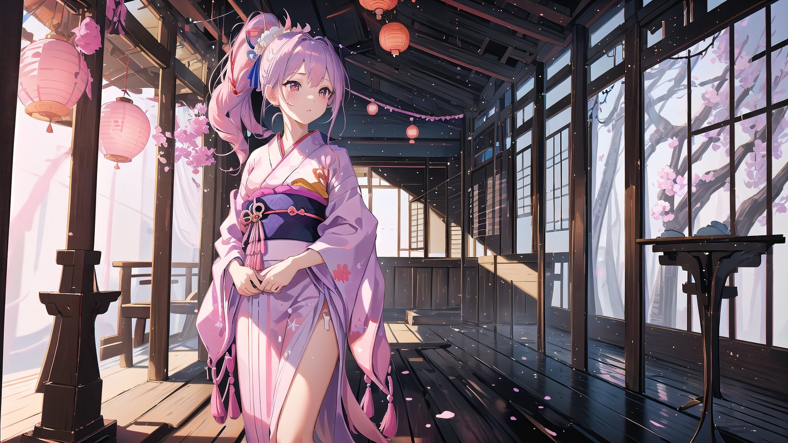 masterpiece, best quality, high quality, extremely detailed CG unity 8k wallpaper, extremely detailed, High Detail, vibrant colors, backlight, photo background, 

(1girl, solo), long hair, looking at viewer, black hair, ribbon, hair ribbon, upper body, ponytail, japanese clothes, kimono, blurry, black eyes, blurry background, pink ribbon, yukata,

A woman wearing a traditional Japanese kimono with geometric patterns in pink, blue, and white colors, Her hair is tied in a low ponytail with pink hair accessories, The background features a purple curtain with a white emblem, suggesting a traditional setting, wide shot, full body view, traditional Japanese room, tatami mats, shoji screen, lanterns, serene atmosphere, distant view,