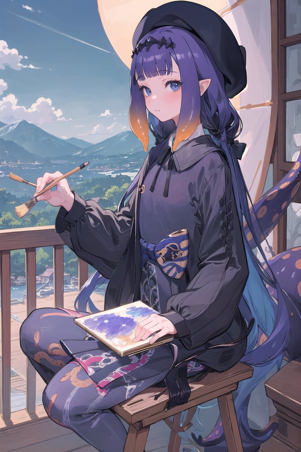 (((best quality, 8k wallpaper))), ((detailed eyes, detailed illustration, masterpiece)),
ninomae ina'nis, inapainter, tentacle hair, long hair, cute grey dress, beret, painting on a easel, holding a paint brush, balcony scenery, blue cloudy sky scenery, plants and flowers, mountains scenery