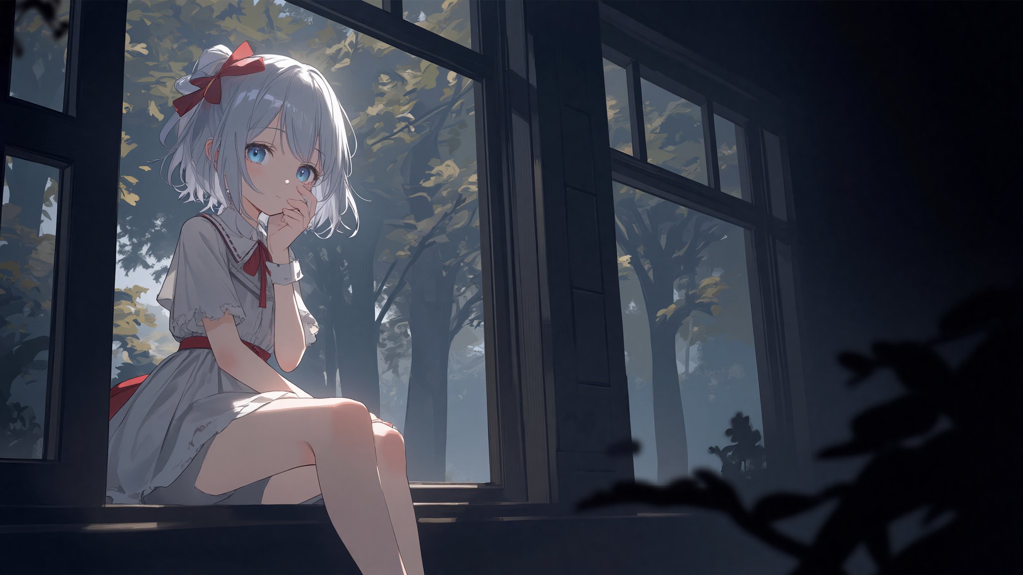 The image is an illustration of a young girl with white hair and blue eyes. She is sitting on a window sill with her legs crossed and her hands resting on her knees. The girl is wearing a white dress with a red ribbon tied around her waist. She has a red bow in her hair and is looking out the window with a peaceful expression on her face. The background is dark and there are trees visible through the window. The overall mood of the image is calm and serene.