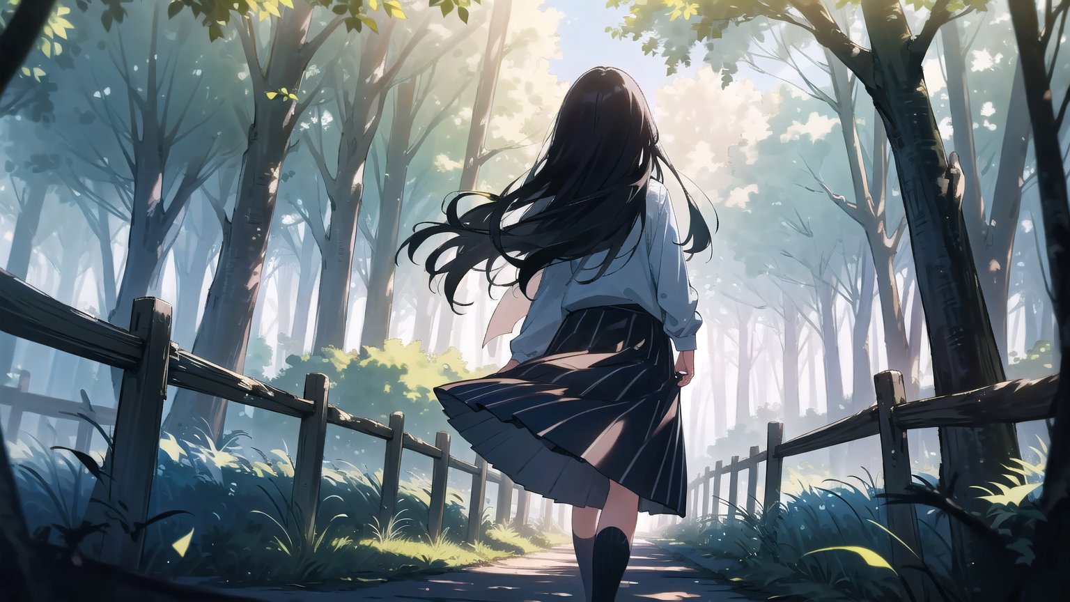 masterpiece, best quality, high quality, extremely detailed CG unity 8k wallpaper, extremely detailed, High Detail, vibrant, colors, backlight, simple background, ethereal, dreamy, soft light, pastel hues,

1girl, solo, long hair, skirt, shirt, black hair, long sleeves, standing, outdoors, striped, from behind, tree, blue skirt, long skirt, striped shirt, fence, facing away,

A girl with long black hair, wearing a striped long-sleeve shirt and a dark blue skirt, walking on a forest path surrounded by trees, The ground is covered with fallen leaves, creating a tranquil and natural atmosphere, soft glow, misty background, gentle breeze, warm tones, soft focus,