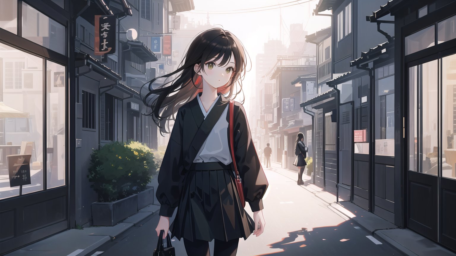 masterpiece, best quality, high quality, extremely detailed CG unity 8k wallpaper, extremely detailed, High Detail, vibrant colors, backlight, photo background,

(1girl, solo), solo focus, lips, brown eyes, long hair, black hair, black outfit, long sleeves, skirt, black pants, accessories, outdoors,

Tokyo Station, red brick building, building, city, road, street, modern skyscrapers, wide plaza, grey stone tiles, green lawn, no other people