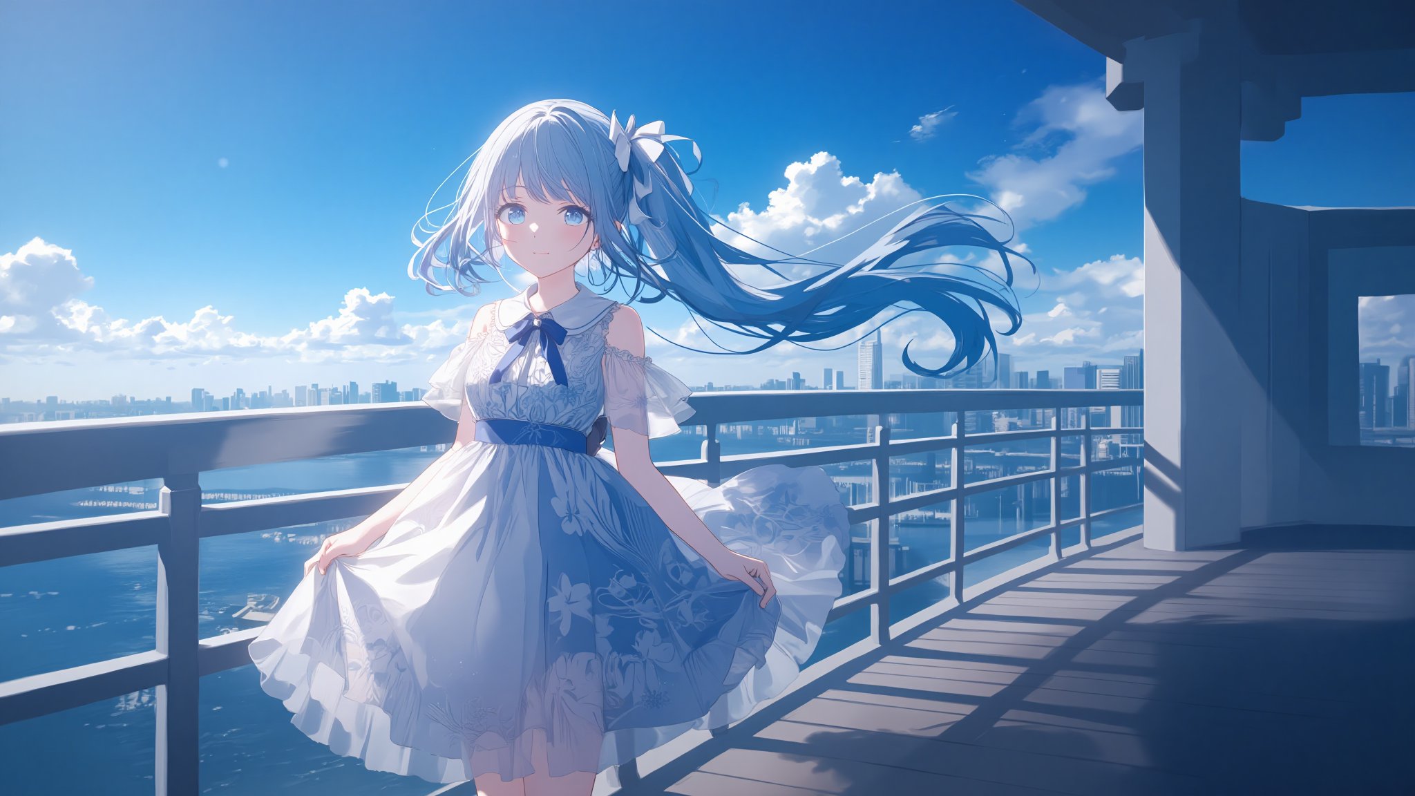 a young anime girl stands on a wooden deck in front of a metal railing. She is dressed in a light blue dress adorned with a detailed floral pattern, adorned with intricately tied blue ribbons and a perfectly placed white bow. Her hair is pulled back in a neat and flowing ponytail, with strands catching the light, adding a pop of color to the scene. Her eyes sparkle with life, and her expression is serene yet curious. The sky is a deep blue, dotted with fluffy white clouds, and a few buildings can be seen in the distance, their outlines sharp against the horizon. The sunlight casts gentle shadows, highlighting the texture of the wooden deck and the metal railing.