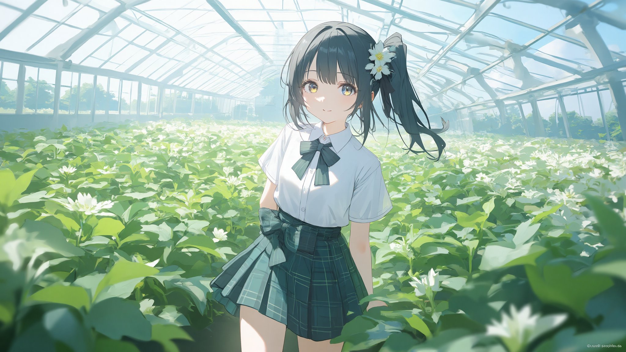 masterpiece, best quality, high quality, extremely detailed CG unity 8k wallpaper, extremely detailed, High Detail, vibrant colors, backlight, photo background, 

(1girl, solo), skirt, shirt, black hair, bow, school uniform, white shirt, ponytail, flower, short sleeves, pleated skirt, outdoors, bowtie, plaid, plaid skirt, field, flower field,

A girl in a white shirt and green plaid skirt standing in a field of green plants and white flowers, with a transparent greenhouse in the background, bright sunny day, fresh and natural atmosphere