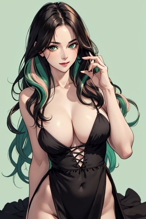 looking at viewer,large breasts,streaked hair,photo,realistic,masterpiece,best quality,super detail,1girl,midium length hair,green eyes,soft coler background,wavy hair ,perpect body,4k, minimal sexy black dress, sexy pose.