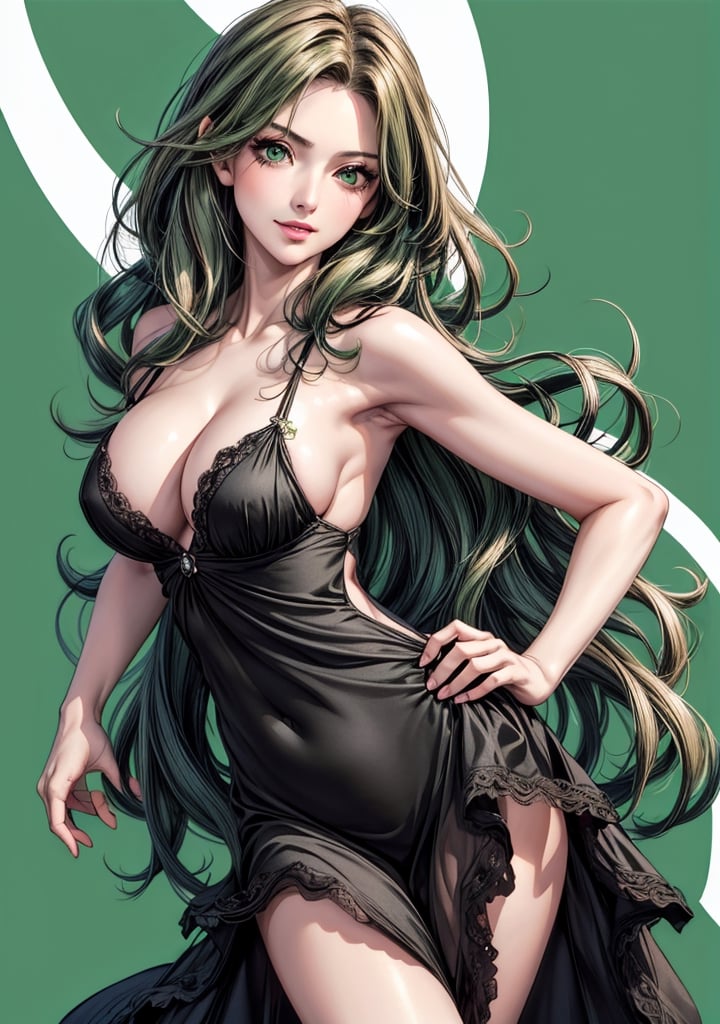 looking at viewer,large breasts,streaked hair,photo,realistic,masterpiece,best quality,super detail,1girl,midium length hair,green eyes,soft coler background,wavy hair ,perpect body,4k, minimal sexy black dress, sexy pose , satin dress