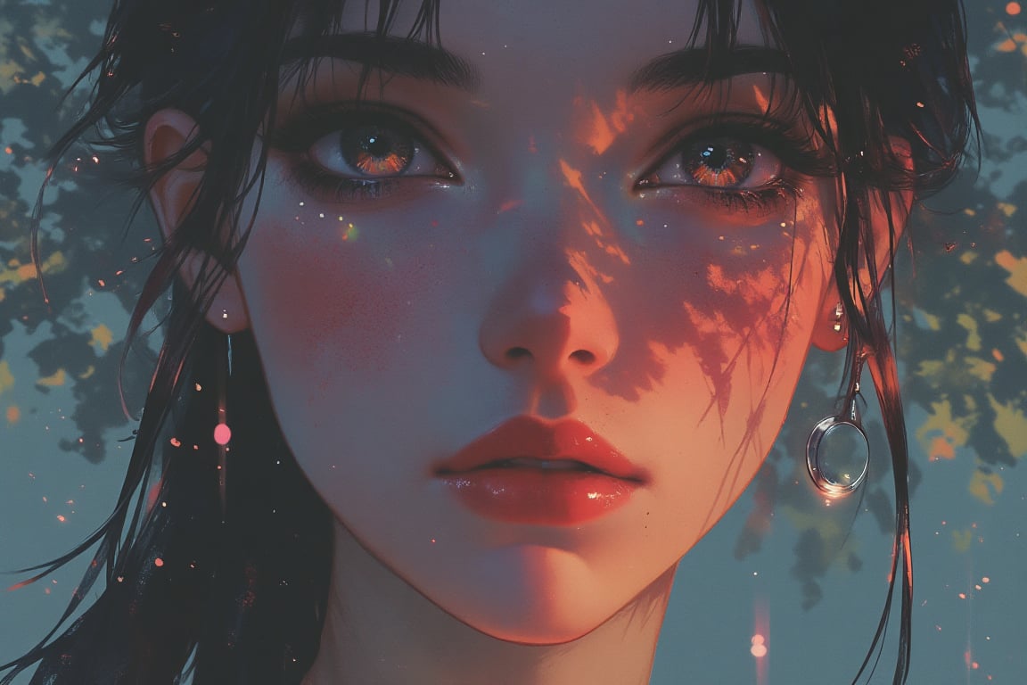  In a close-up portrait, capture the face of a beautiful young brunette with iridescent colorful rainbow pupils, gazing directly at the viewer. Her features are illuminated by a professional flashlight, enhancing the delicate contours of her face. The background features a lush nature forest, creating a serene atmosphere with dappled light filtering through the leaves. Her eyes, vivid and striking, reflect a spectrum of rainbow colors, adding a mesmerizing focal point to the image. The soft yet vibrant lighting accentuates her natural beauty, with details such as her silky hair and smooth skin further highlighted by the illumination. The overall effect is enchanting, blending the allure of her colorful eyes with the tranquil essence of the forest setting. 