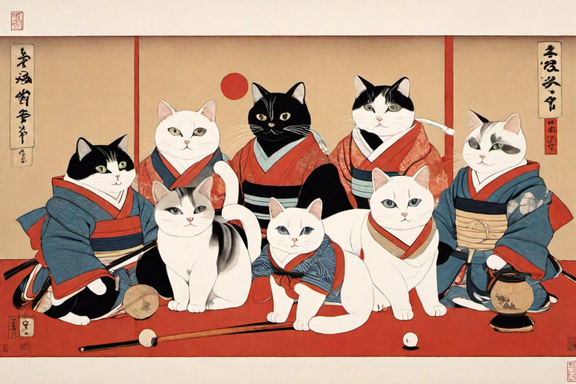 five white cat, playing balls, Ukiyo-e style,cotton paper texture,hand draw line,aw0k cat