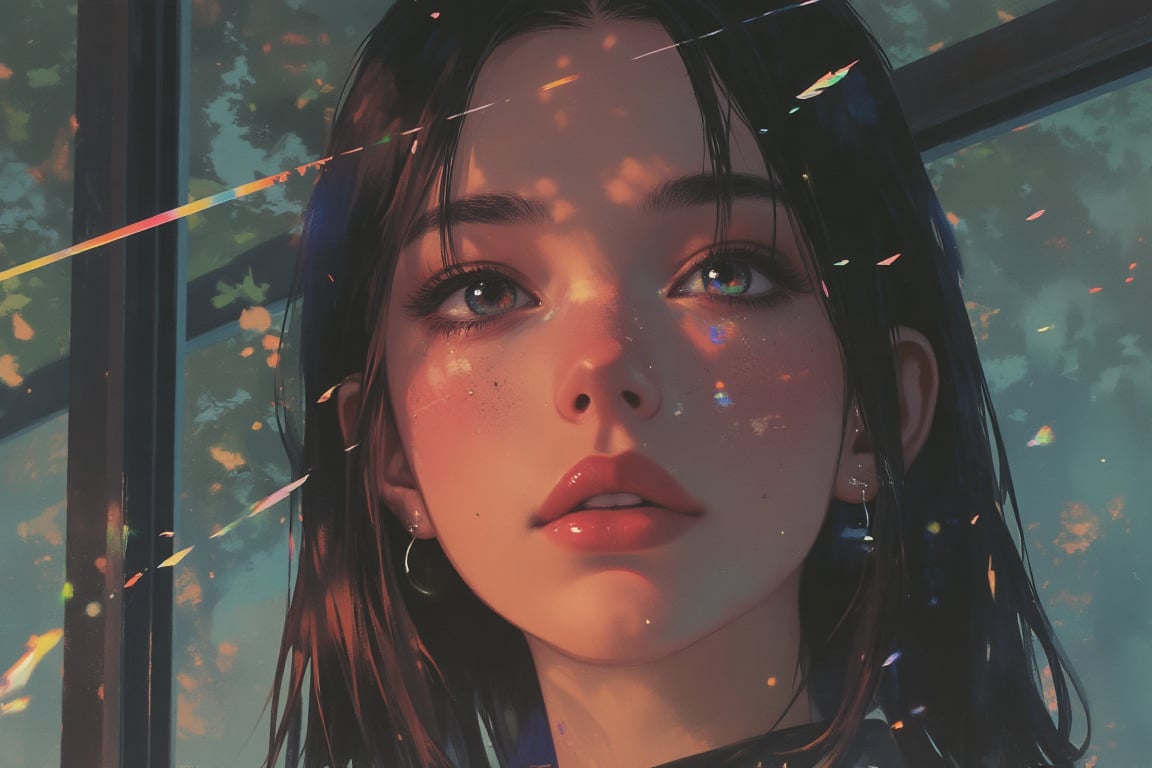  In a close-up portrait, capture the face of a beautiful young brunette with iridescent colorful rainbow pupils, gazing directly at the viewer. Her features are illuminated by a professional flashlight, enhancing the delicate contours of her face. The background features a lush nature forest, creating a serene atmosphere with dappled light filtering through the leaves. Her eyes, vivid and striking, reflect a spectrum of rainbow colors, adding a mesmerizing focal point to the image. The soft yet vibrant lighting accentuates her natural beauty, with details such as her silky hair and smooth skin further highlighted by the illumination. The overall effect is enchanting, blending the allure of her colorful eyes with the tranquil essence of the forest setting. 