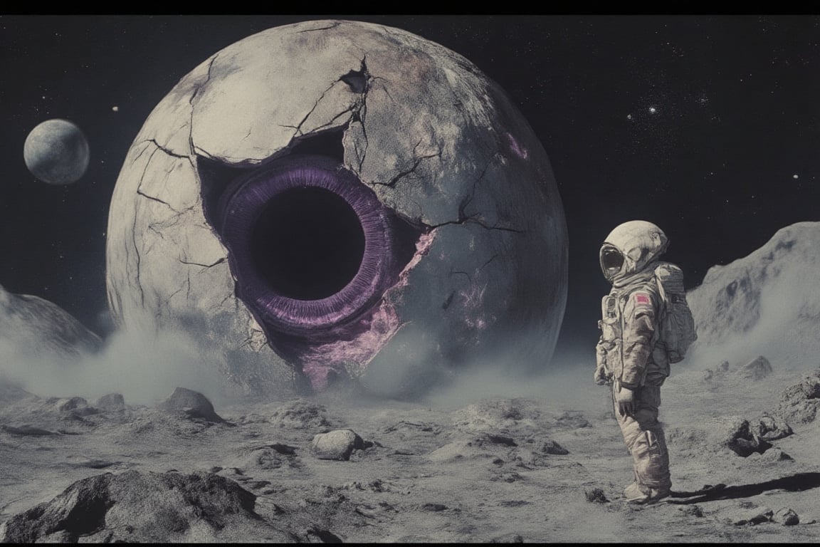 cracked spherical structure. egg-like structure with triangle opening exposing a deep and dark hollow interior with violet vein-like detailing. Dense fog. Surrealism. Rocks are scattered around.

This striking and remarkable photograph captures an otherworldly scene set against a barren lunar landscape. The image presents a surreal and unexpected interaction between an astronaut and a giant floating eyeball, a digital artwork by H.R. Giger.

In the foreground, an astronaut stands alone on the moon's surface, their spacesuit blending seamlessly with the gray, desolate landscape. The astronaut's helmet is removed, revealing their face turned upwards towards the sky. Behind them, a massive floating eyeball hovers, its pupil dilating and focusing on the astronaut.

The lighting in the photograph is stark and dramatic, with a high contrast between the bright lunar surface and the dark, shadowy areas. The use of digital artwork by H.R. Giger gives the image a surreal and otherworldly quality, with the eyeball's organic, alien texture contrasting with the sterile, mechanical appearance of the astronaut's spacesuit.

The overall effect of the photograph is one of a surreal and unexpected encounter between two unlikely subjects. The astronaut's solitary stance and the eyeball's intense gaze create a sense of mystery and intrigue, inviting the viewer to imagine the nature of the interaction and the significance of the eyeball's presence.

The photograph is a striking and captivating representation of the power of surrealism and the potential for unexpected beauty and meaning in even the most barren and desolate of environments. It is a testament to the creative potential of combining digital and analog techniques, and the ability of art to transport the viewer to otherworldly realms.