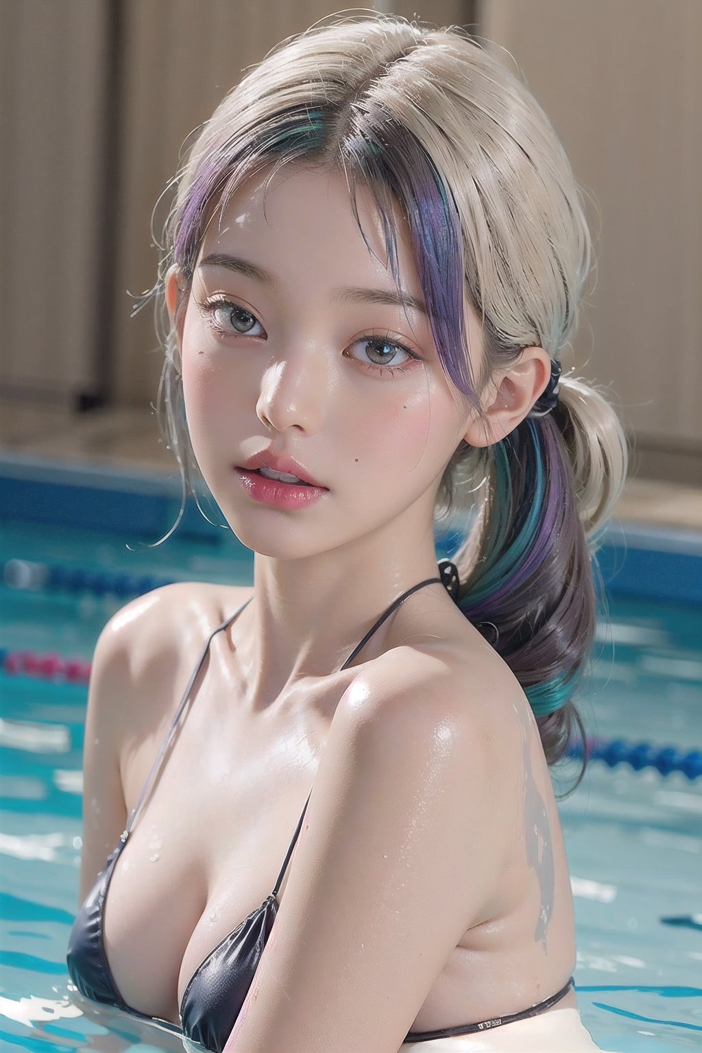 a 30 yo woman, pony_tail,  soothing tones, muted colors, high contrast, (natural skin texture, hyperrealism, sharp),a girl, solo, highly detailed beautiful face and eyes,(((Rainbow hair))), detailed skin texture, textured skin, realistic dull skin noise, visible skin detail, skin fuzz, glossy skin, petite, (white gradation hair),nsfw, (front focus:1.4), alluring move, (((micro bikini))),((lots of bangs))
,jwy1,realhands,front light, cleavage,sad_face,looking_at_viewer,((swimming pool))