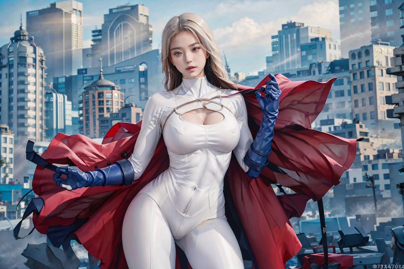 1girl, (white bodysuit), woman 20y old, serious face, looking at viewer, (background city:1.2), volumetric lighting, ( large breats,muscle body), standing,powergirl,jwy1