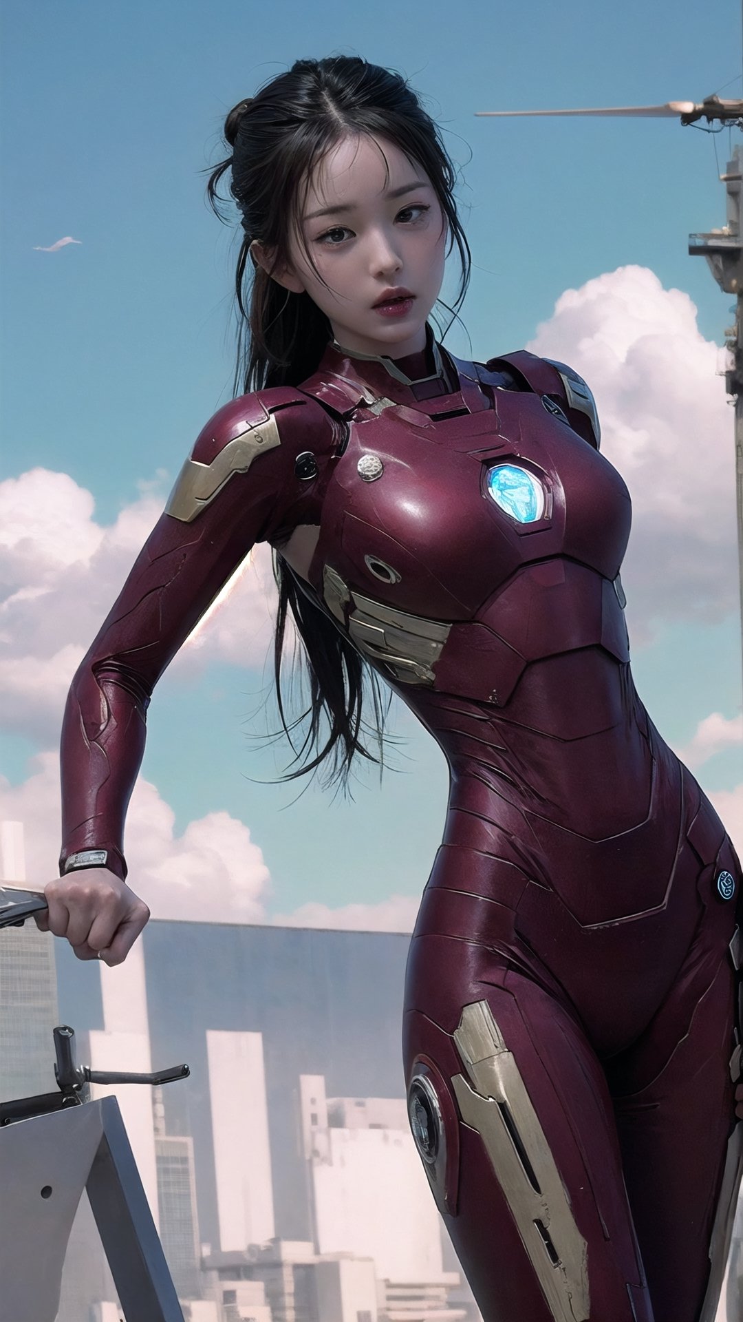 female_ironman_suit,gold_and_red_ironman_suit,bangs,braided_bun,beauty_mark,angry, flying,in_sky