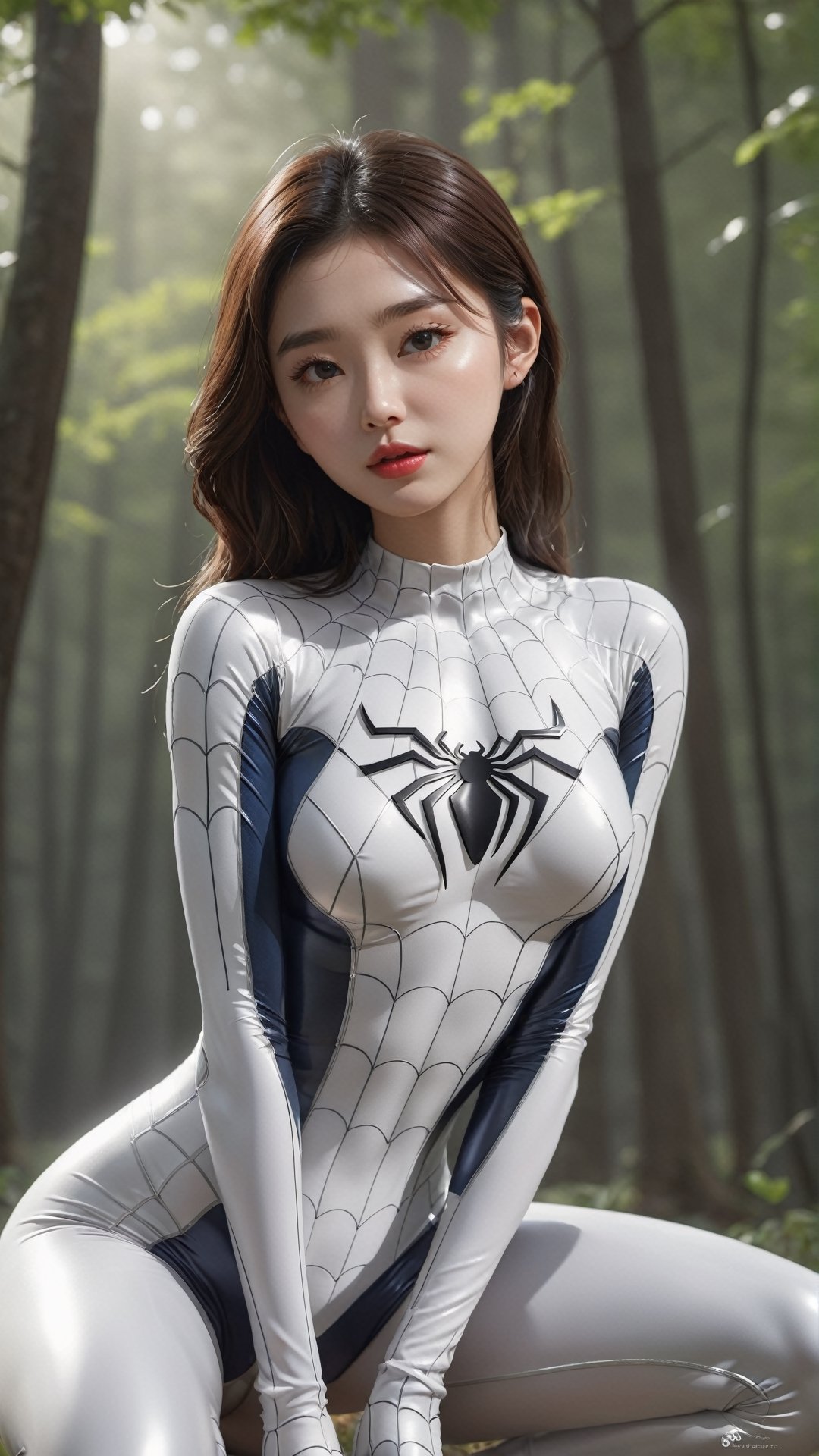 Full whole body shoot,  cute miniature korean women wearing white spiderman costume,  shiny latex slightly transparent cos...
