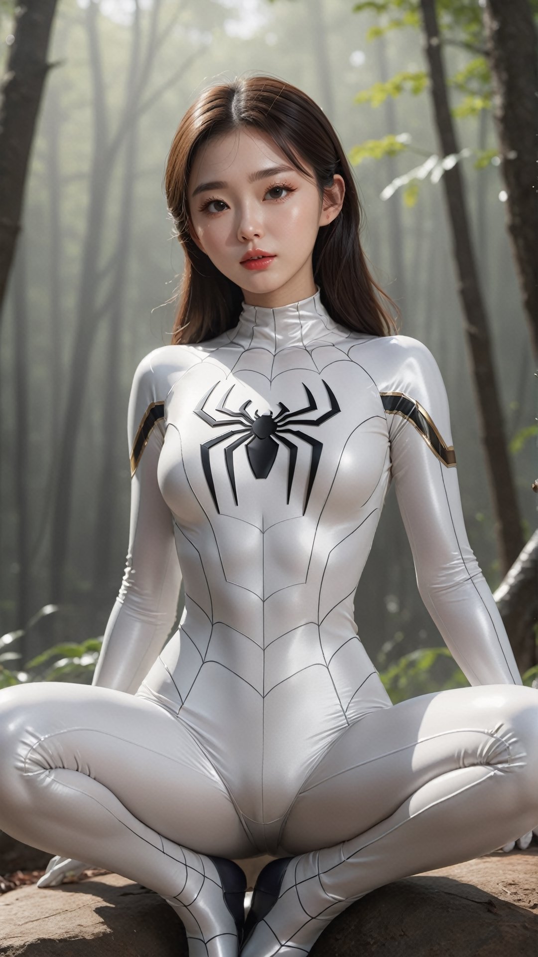 Full whole body shoot,  cute miniature korean women wearing white spiderman costume,  shiny latex slightly transparent cos...
