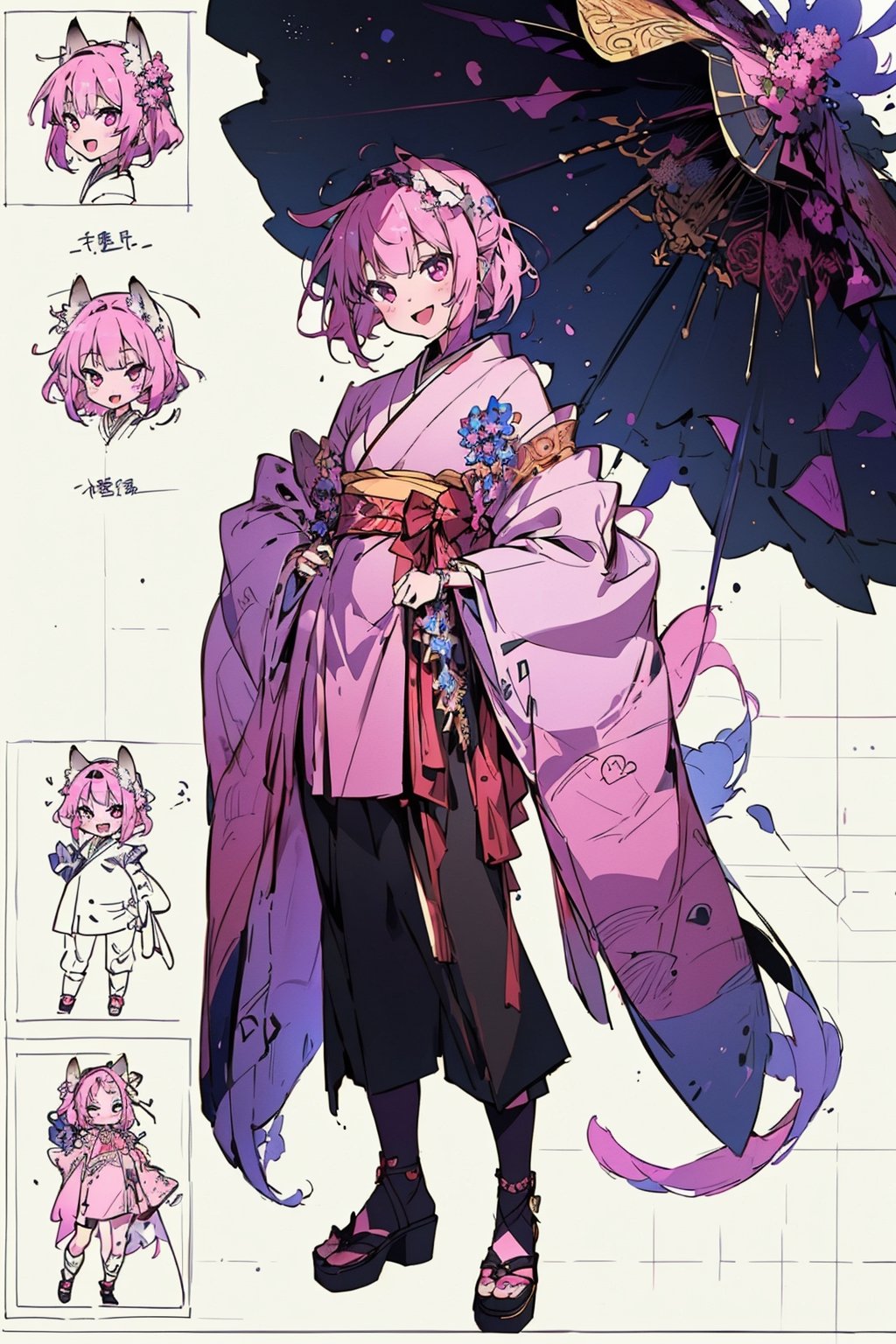 One boy(adult male), blank background, character design, full_body, modelsheet, (CharacterSheet:1), fox ears, japanese clothe(pink chlotes (chlotes :1.2), short hair, pink hair, red crazy eyes, :d, masterpieces (masterpiece :1.1), best quality, extremely detailed 8K wallpaper, first-person view, design(masterpiece, top quality, best quality, official art, beautiful and aesthetic:1.2), full_body, modelsheet, (CharacterSheet:1), anime, design(masterpiece, top quality, best quality, official art, beautiful and aesthetic:1.2), (1girl), extreme detailed, (fractal art:1.3), highest detailed,