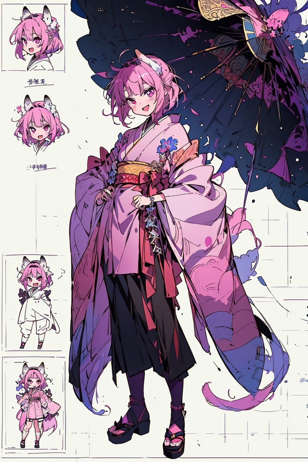 One boy(adult male), blank background, character design, full_body, modelsheet, (CharacterSheet:1), fox ears, japanese clothe(pink chlotes (chlotes :1.2), short hair, pink hair, red crazy eyes, :d, masterpieces (masterpiece :1.1), best quality, extremely detailed 8K wallpaper, first-person view, design(masterpiece, top quality, best quality, official art, beautiful and aesthetic:1.2), full_body, modelsheet, (CharacterSheet:1), anime, design(masterpiece, top quality, best quality, official art, beautiful and aesthetic:1.2), (1girl), extreme detailed, (fractal art:1.3), highest detailed,