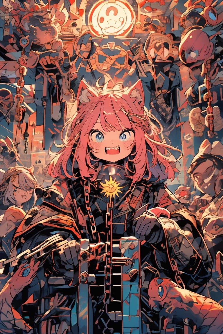 One boy(adult male),short hair, pink hair, blue crazy eyes, crazy smile(sharp teeth:1.2), masterpieces (masterpiece :1.1), best quality, high quality, chlotes( black chlotes (chlotes :1.2), chains), background (prison, little light from top, chains on the wall, sing where write (dangerous) high sun)