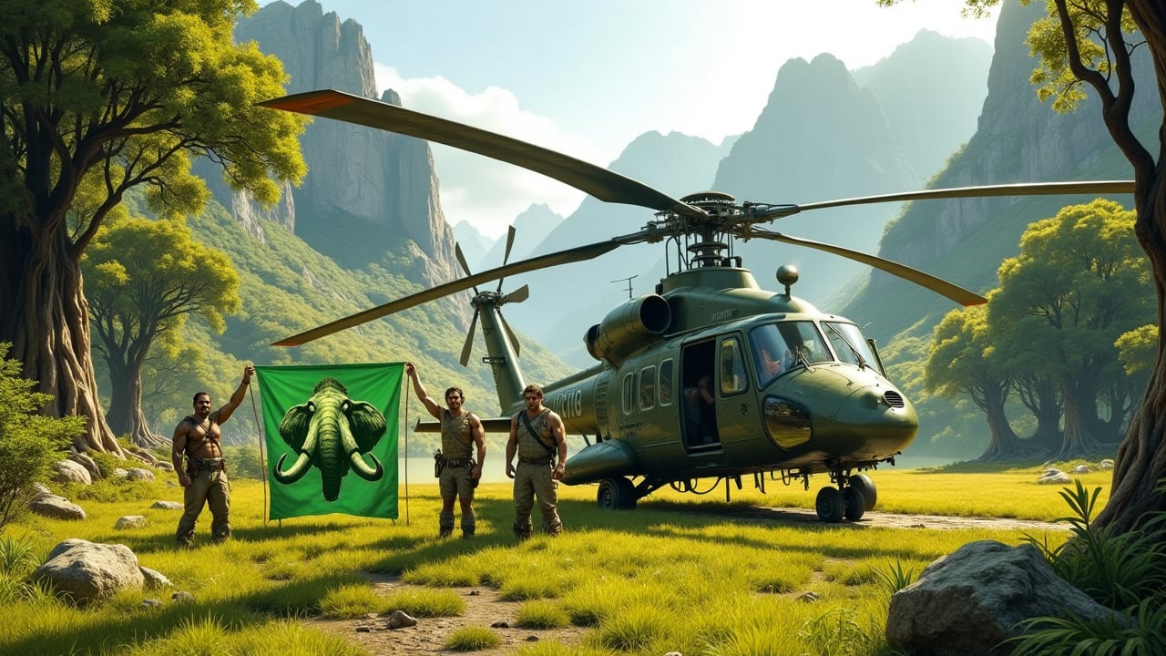 A majestic helicopter stands idle on a lush, emerald-green valley floor, surrounded by ancient trees and misty mountains. Three rugged men in earth-toned attire stand before it, one proudly holding a vibrant green banner featuring a stylized mastodon illustration. The warm sunlight casts long shadows across the valley, with the helicopter's rotors subtly visible against the serene, prehistoric landscape.