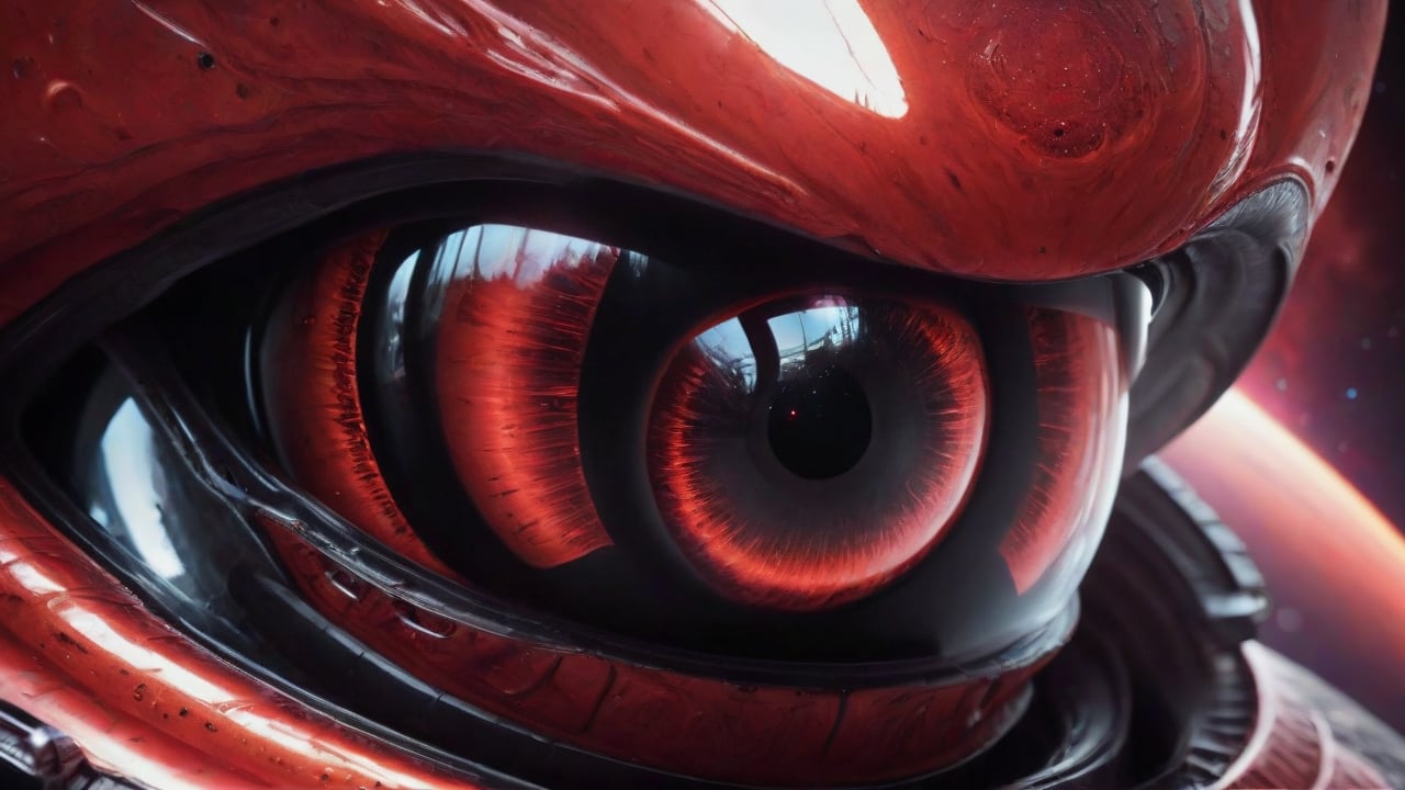 outer space, bright red Alien, scary alien, very close-up, focus on completely black huge shiny eyes, very large reflection of a spaceship in the eyes, hovers in space, close-up, high resolution, high detail, horror atmosphere,GHTEN