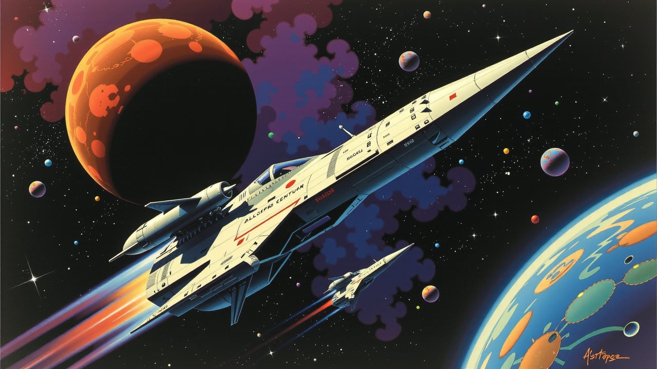 only 1starship flies through space in the direction of alpha centauri, retrofuturism art style, sci-fi