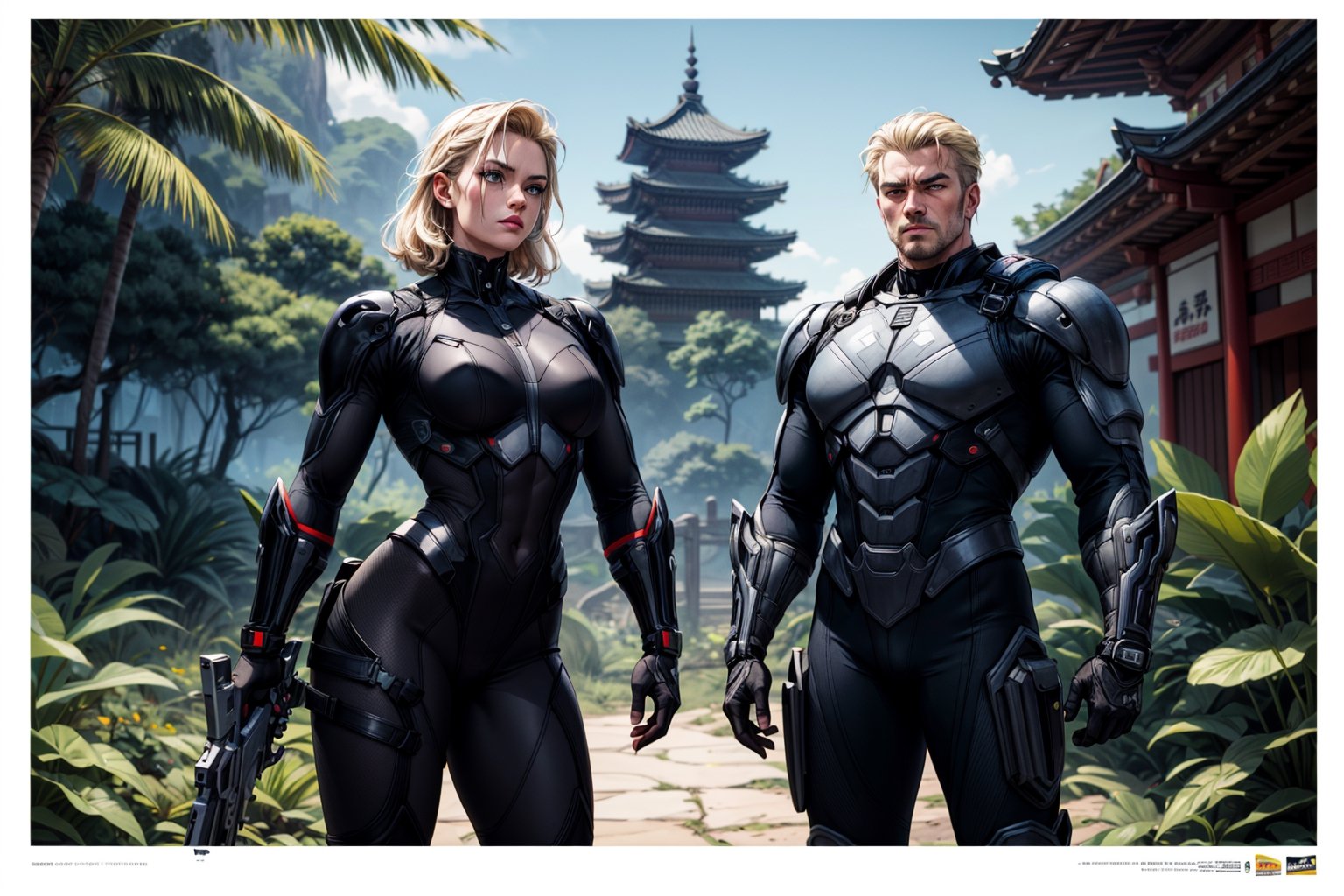 advertising poster for the fantastic action movie - "Planet of the Stranglers", a very muscular brother and sister, with weapons in their hands, black tight suits, blond hair, in the background the jungle and the architecture of East Asia, retro sci-fi style, 80s, adventures, , realistic, 4k, high resolution, bright lighting,