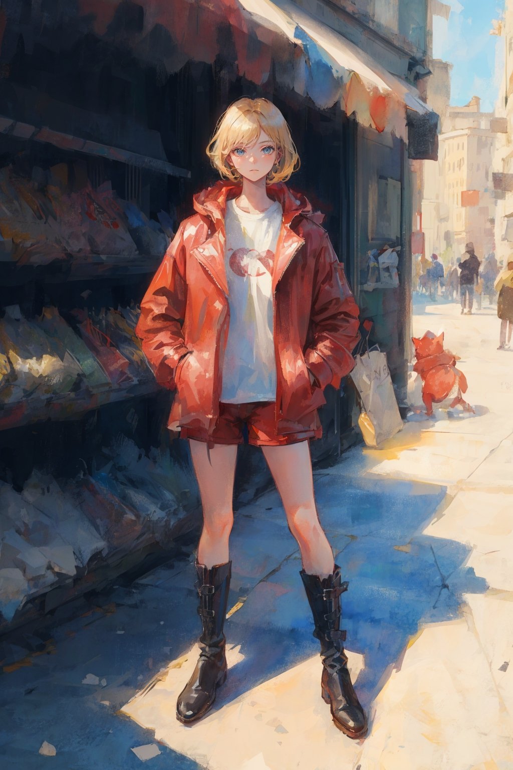 gucci model, red coat, short hair, blond hair, shorts, boots, watercolor style, sketch style, unclear appearance, fashionable outfit, non-realistic