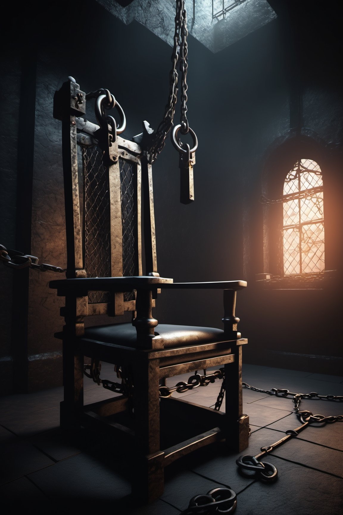 dark and gloomy torture chamber,  basement,  torture chair by CreatorK on Tensor.Art