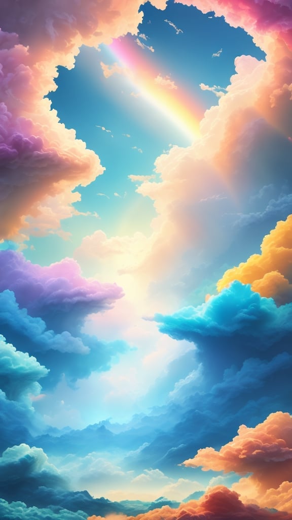 (best quality, 4K, ultra-detailed, highres, masterpiece), (ultra-realistic, photorealistic), Step into the world of high-resolution art with a 4K rendering of a charming, fluffy cloud character, its whimsical form trailing a vivid and enchanting rainbow across the expanse of a clear, cerulean sky.