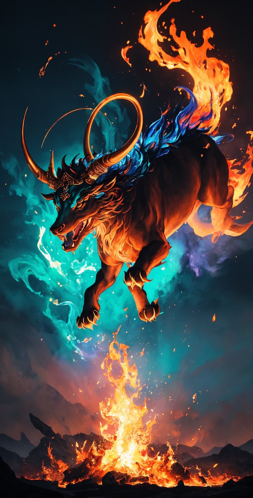 Colorful and beautiful Qilin beast howling towards the sky, surrounded by blazing fire, facing the camera, black ink flowing, 8K resolution photorealistic masterpiece, intricately detailed fluid gouache painting, calligraphy acrylic, watercolor art, professional photography, natural lighting, maximalist volumetric lighting photoillustration, by Marton Bobzert, 8K resolution concept art intricately detailed, complex, elegant, expansive, and fantastical.