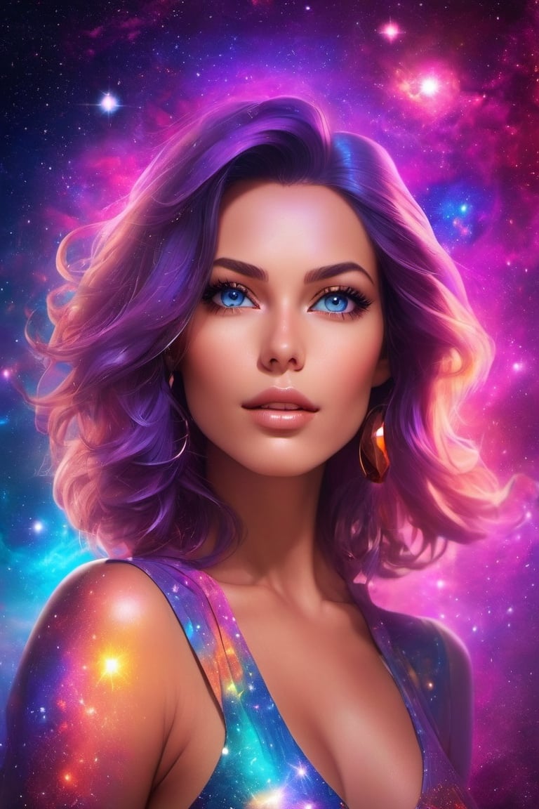 Detailed photos of a beautiful sexy woman with her cosmic stars and colorful cosmic backgrounds, monsters, turbocharger, and a kilogram of euphoric style