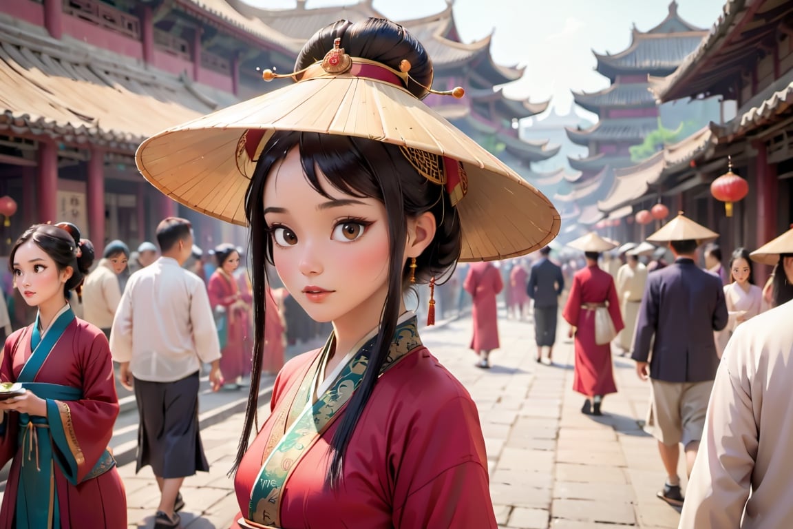 Wearing a bamboo hat on the head , Ancient Chinese woman, traditional red clothing, elegant and poised,  serene expression, high resolution, beautiful headdress, delicate features, An ancient Chinese woman, red dress, Upper body, a chinese woman, A bustling cityscape scene in ancient China, with crowds of people and lively activities. In the foreground, a young noblewoman named Liu Yinxue, dressed in an elegant silk robe and a veil hat, strolls through the market with her personal maid Cuiyu. The scene is vibrant and colorful, capturing the essence of a thriving metropolis in the midst of its daily life.