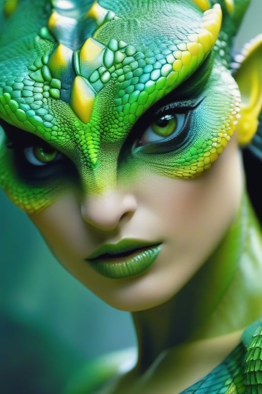 An amazingly beautiful naked female lizard creature ,  green and yellow scales,  with extra large breasts by BB1707 on Ten...