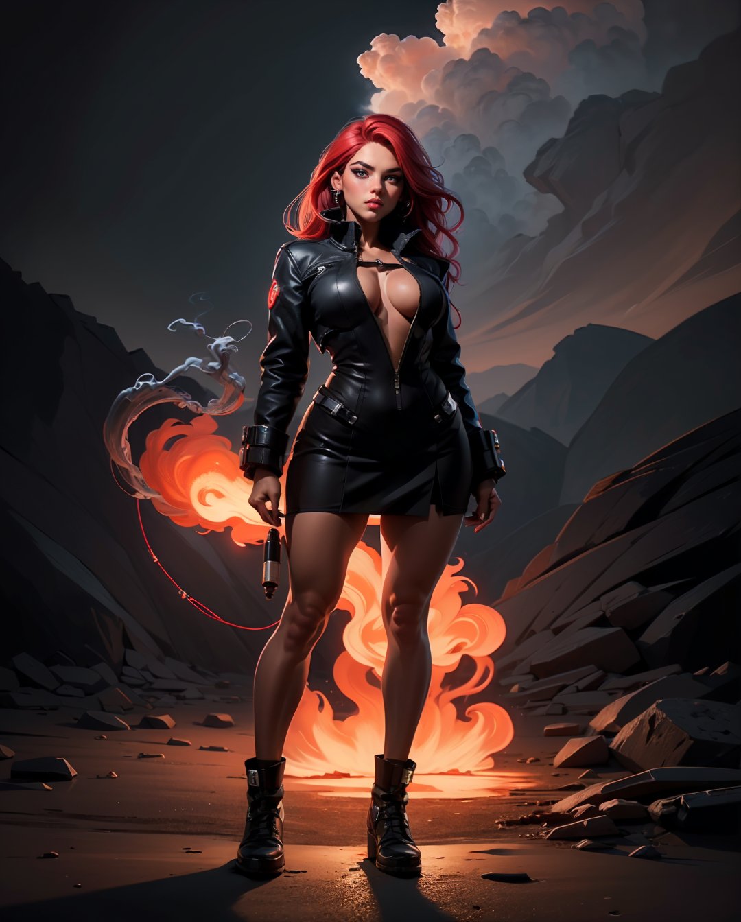 1 girl, full body, symmetrical face, perfect eyes, smoke, long poison red neon hair, dark skin, mix of sci-fi and realism, ultra high resolution, 8k, HDr, art, high detail , ,fantchar,cloud