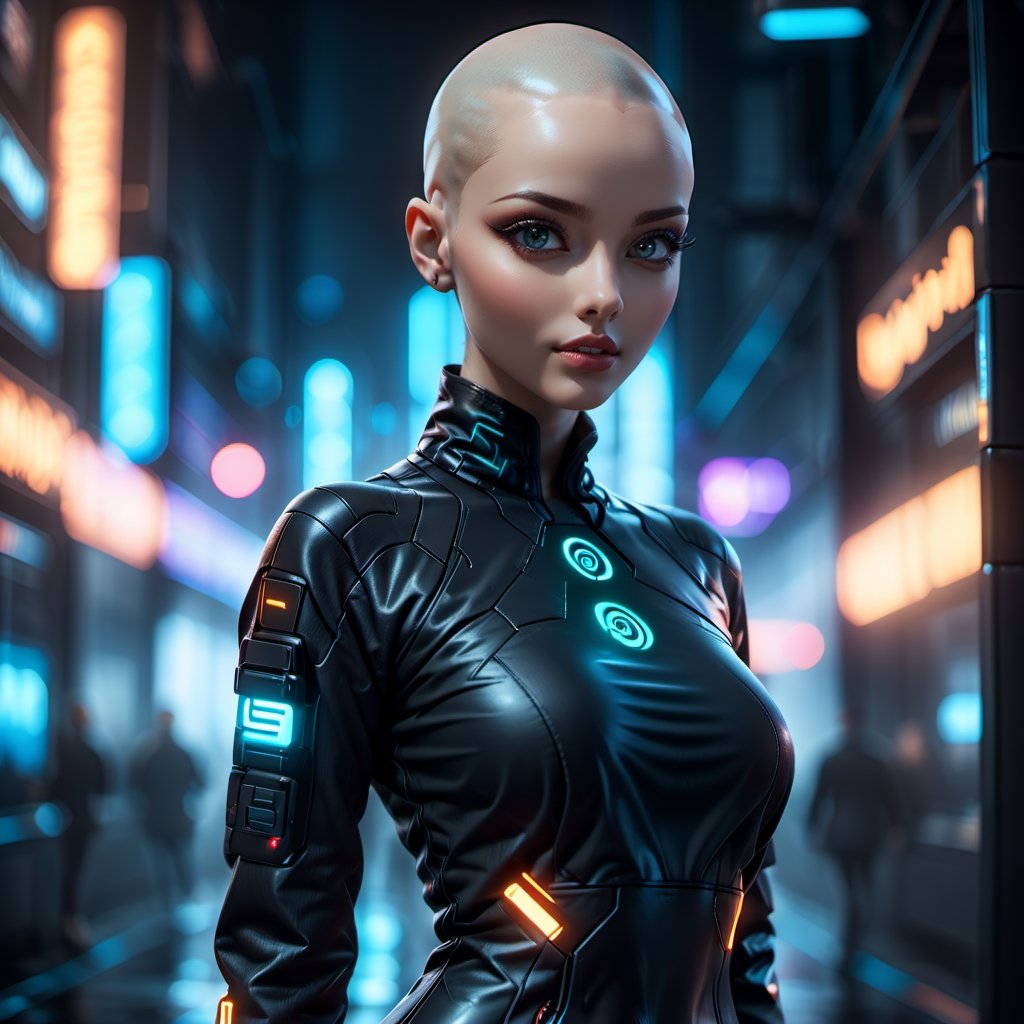 a beautiful and sexy woman, ((bald)), , Cyberpunk, perfect FUL  body STANDING wiDE HIPS ((black vinylVERY TIHGT clothing) ), perfect eyes, sci-fi masterpiece, dark atmosphere, fog, powerful aura, epic, UHD, 8K, epic light, sharp focus, intricate, low angle, bokeh, 35mm professional camera with KODAK lens, cinema 