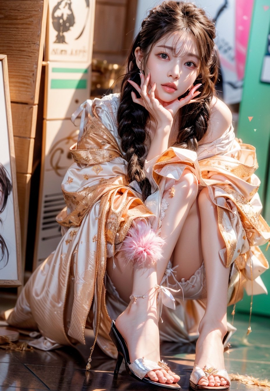 full body,Korean girl, ((ahegao)),Realism,Epic, (masterpiece),  blue eyes, detailed facial features, (sensual face), realism, yuzu,
(RAW photo:1.2),(EOS R8,50mm,F1.2,8K:1.2),

nsfw, best quality, masterpiece, ultra high res, photorealistic,
1girl,  full body, long braided hair, modeling, dynamic pose, artist in her atelier,
detailed face,detaied skin,beautiful detailed eyes, detailed lip,
workshop, paint, natural skin texture, (dynamic pose:0.3), petite, artist, detailed background, (busy background:1.2), colorful, messy, lora:MengX girl_Mix_V40:0.7, lora:add_detail:0.4