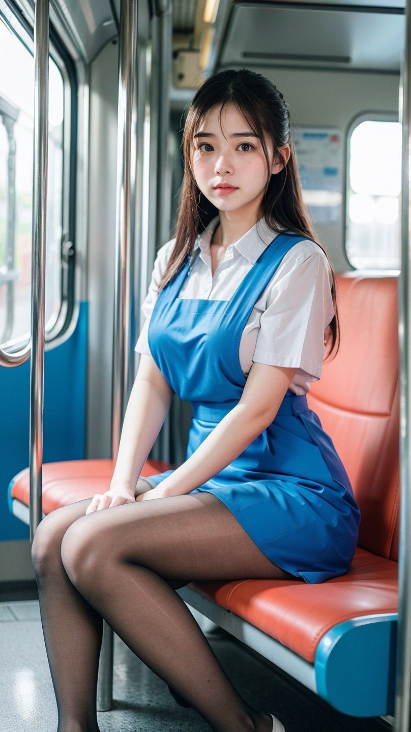 (Raw photo, real photo, bokeh:1.2) , blue_pinafore, woman, pure face, sitting, (pantyhose:1.1), inside train, soft natural light