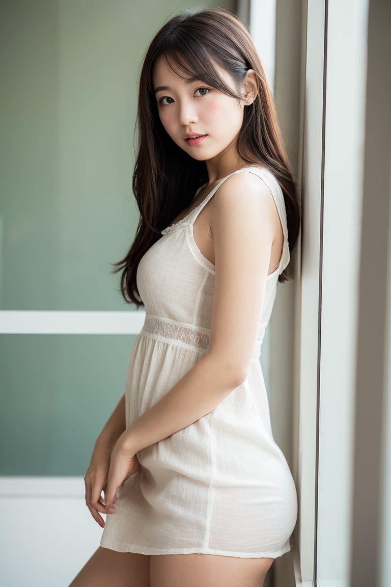 beautiful Asian teacher, baby face, window, white theme , linen dress, alluring, ((sensual)) , panties, bokeh 