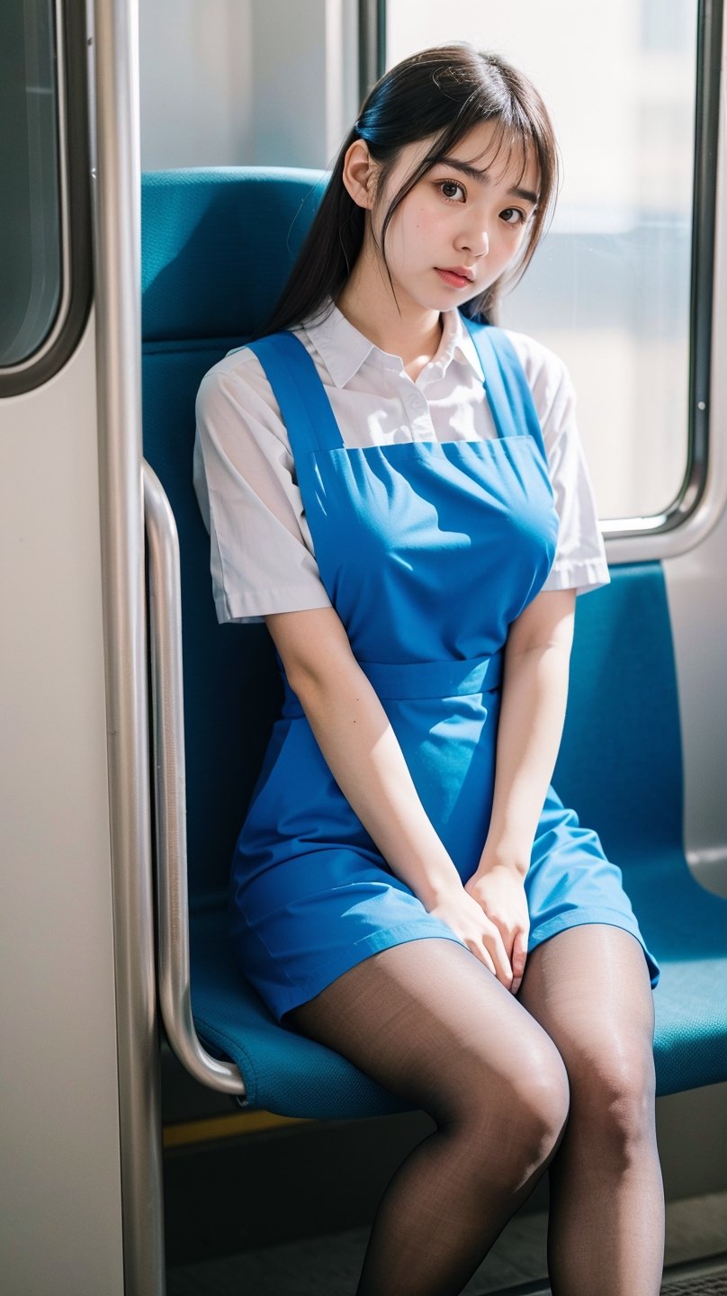 (Raw photo, real photo, bokeh:1.2) , blue_pinafore, woman, pure face, sitting, (pantyhose:1.1), inside train, soft natural light