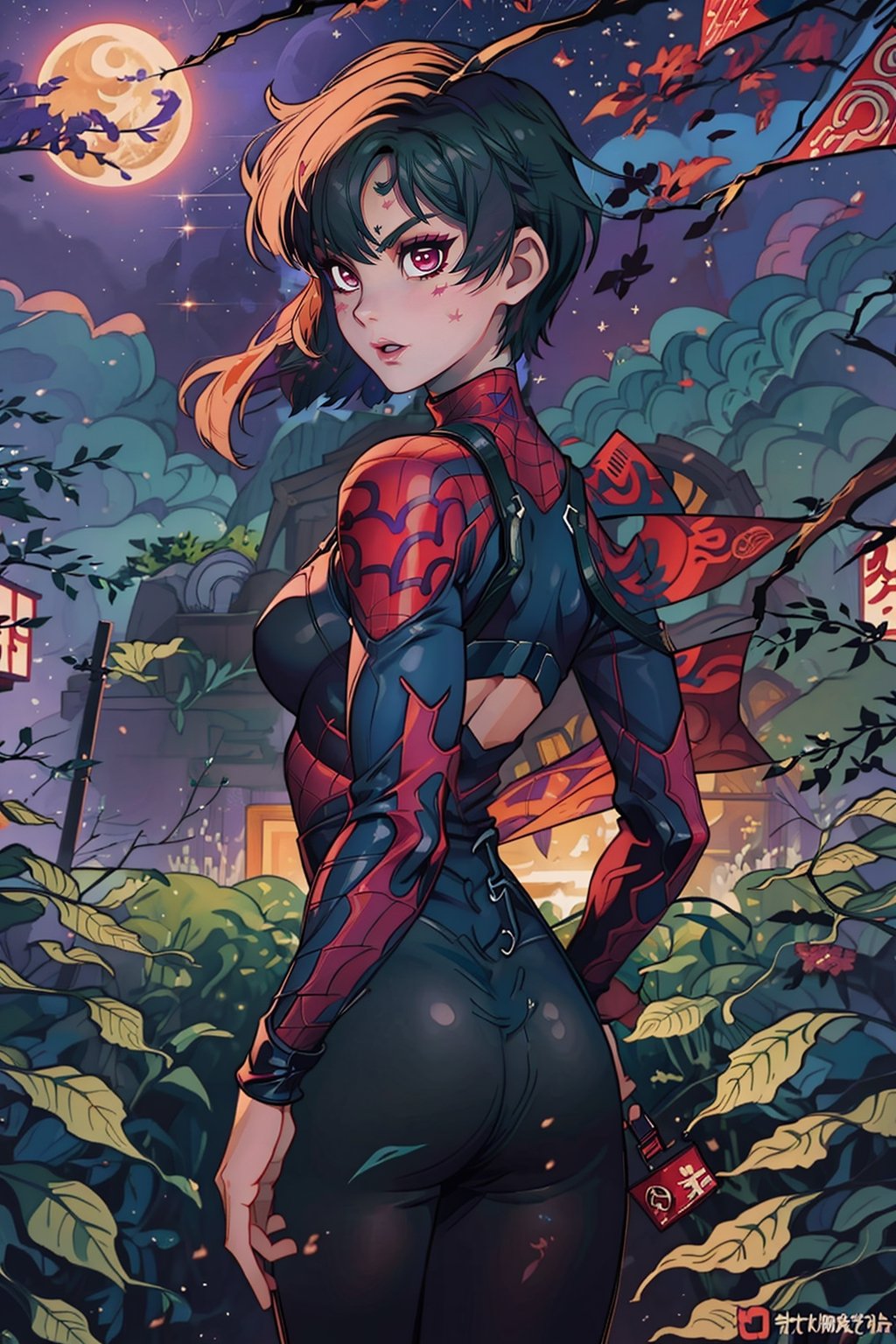 Imagine under the night sky, the pristine moonlight, an adult woman, sexy, wild, muscular physique, full buttocks, slender figure, wearing a purple-red bodysuit, superhero Spider-Man,WonderWaifu,JessicaWaifu,mitsuri(demon slayer),haruka,AdaWongRE