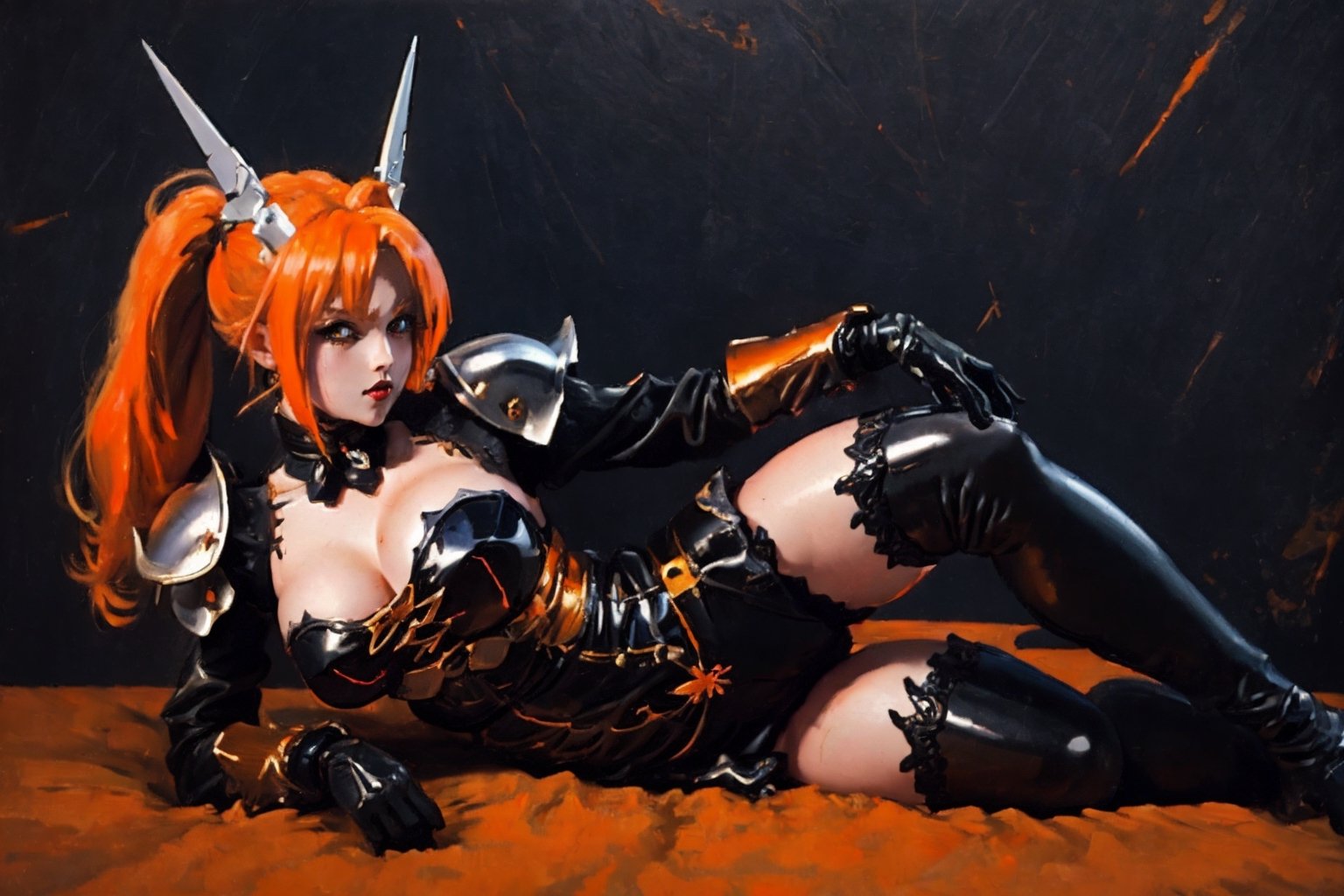  High quality, masterpiece, wallpaper, a beautiful girl wearing orange armor,silvery hair ,thighs, sexy, ponytail, Medium hair, slightly chubby, eye high stockings,Gundam,BJ_Gundam,blackgrand halloween