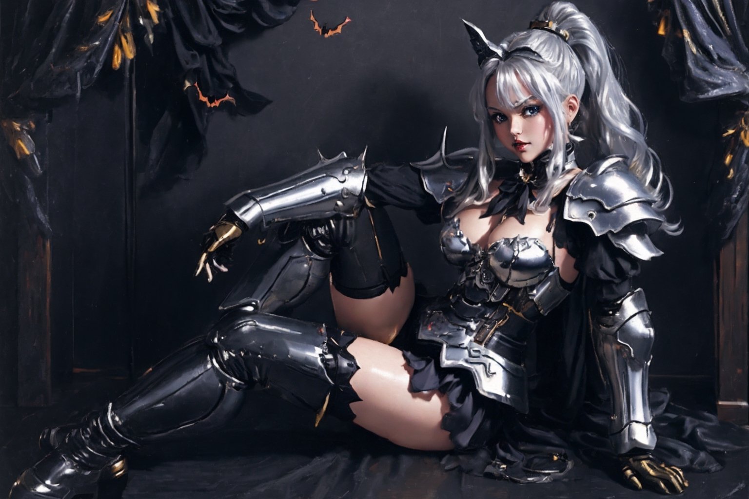  High quality, masterpiece, wallpaper, a beautiful girl wearing silvery armor,silvery hair ,thighs, sexy, ponytail, Medium hair, slightly chubby, eye high stockings,Gundam,BJ_Gundam,blackgrand halloween